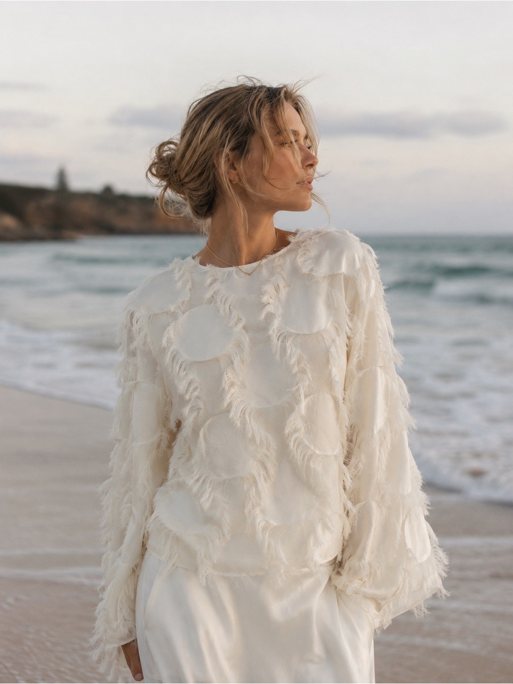 Rafaella Ivory Textured Fringe Statement Blouse L/G